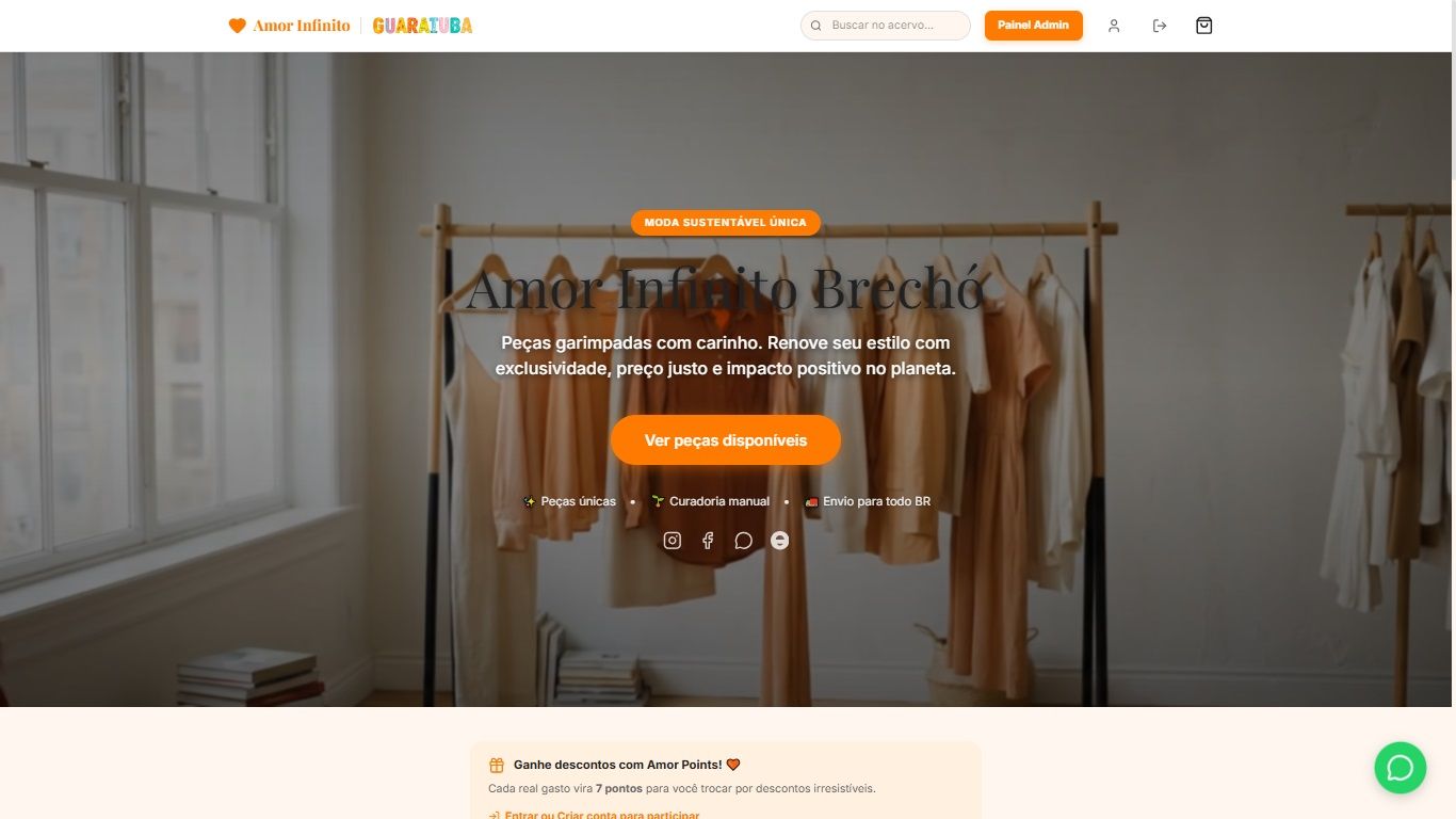 Loja online do Amor Infinito Brechó com vitrine de roupas, busca no acervo e programa de pontos