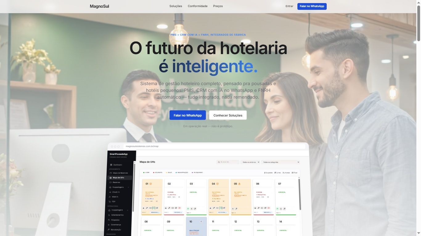 Site do MagnoSul e, abaixo, o sistema aberto no mapa de quartos com o status de cada um