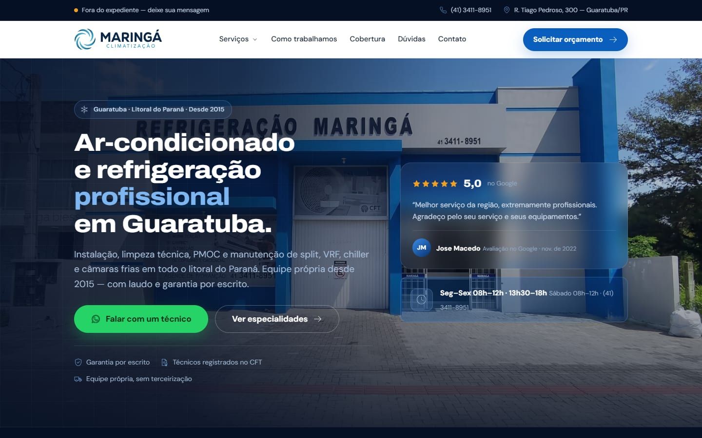 Tela inicial do site da Maringá Climatização, com a fachada da loja em Guaratuba, avaliação 5,0 no Google e o botão Falar com um técnico